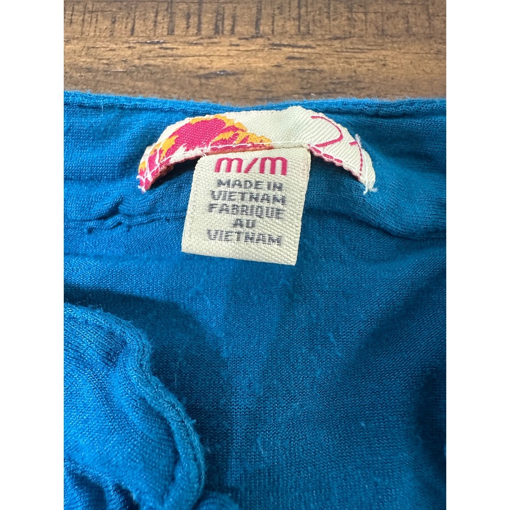 Vintage Forever 21 Teal Blue Ruffle Neck Blouse Short Sleeve Knit Top Medium Y2K - Picture 2 of 7